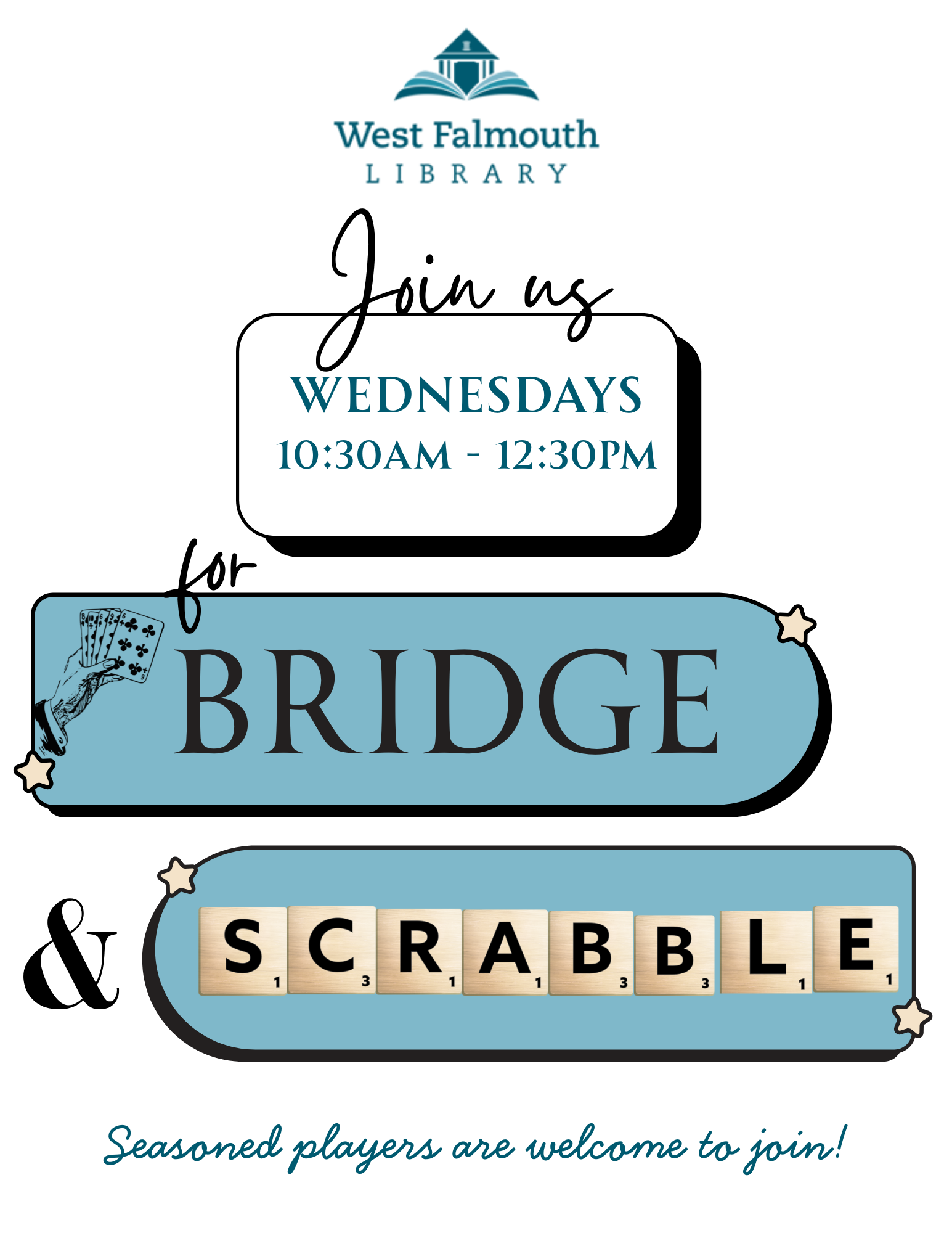 Bridge Scrabble Flier Fall 2025 for West Falmouth Library