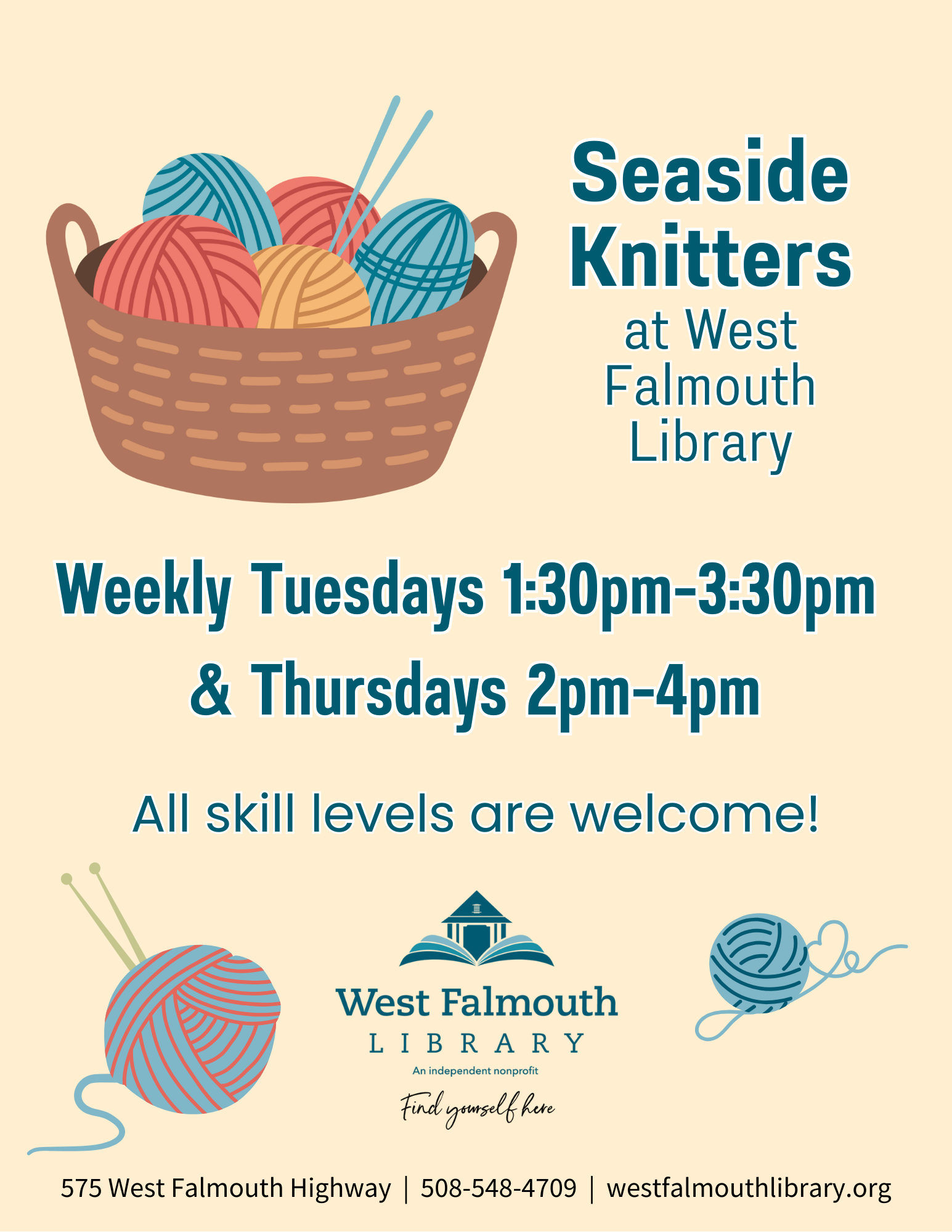 West Falmouth Library 2025 Seaside Knitters Flier