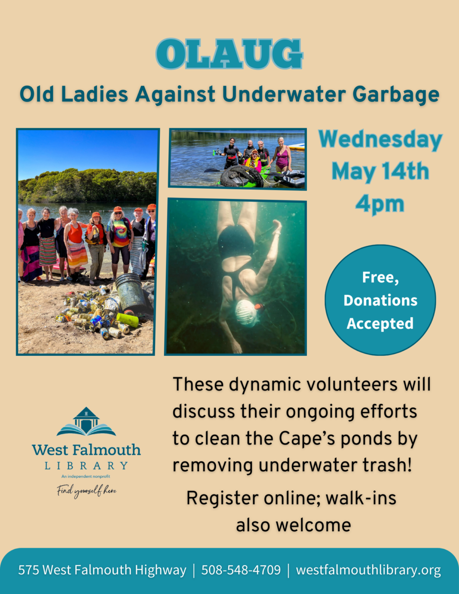 flier for May 2025 presentation by OLAUG at West Falmouth Library