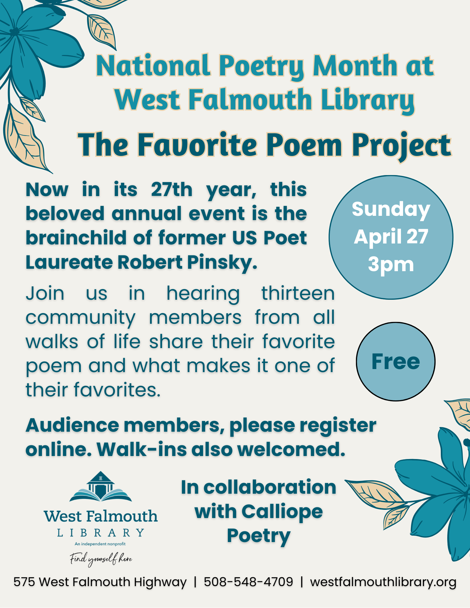 April 2025 Favorite Poem Project Flier for West Falmouth Library