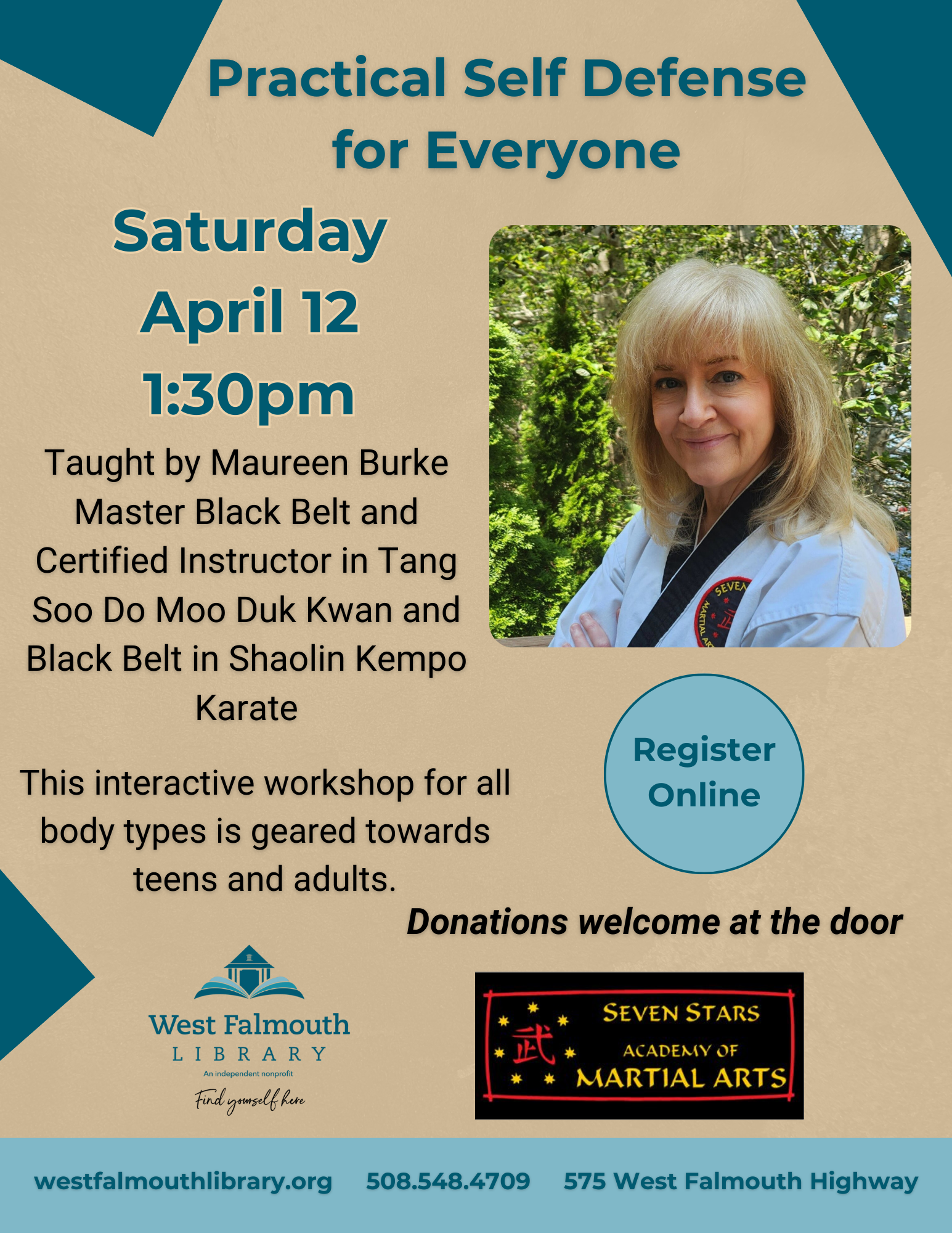 April 12, 2025 Self Defense Event at West Falmouth Library flyer