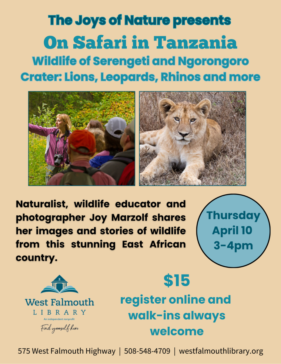 April 2025 The Joys of Nature flier for West Falmouth Library