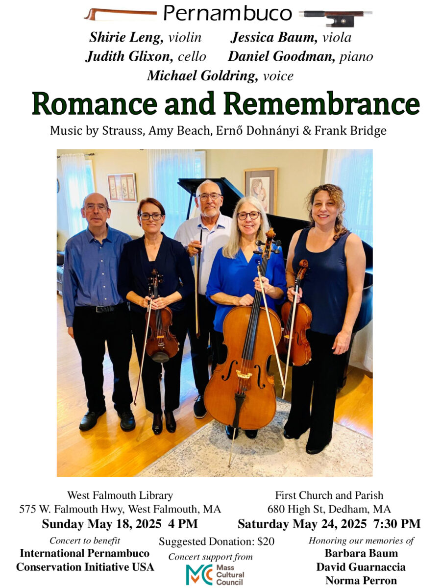 Pernambuco chamber ensemble May 2025 Concert flier at West Falmouth Library