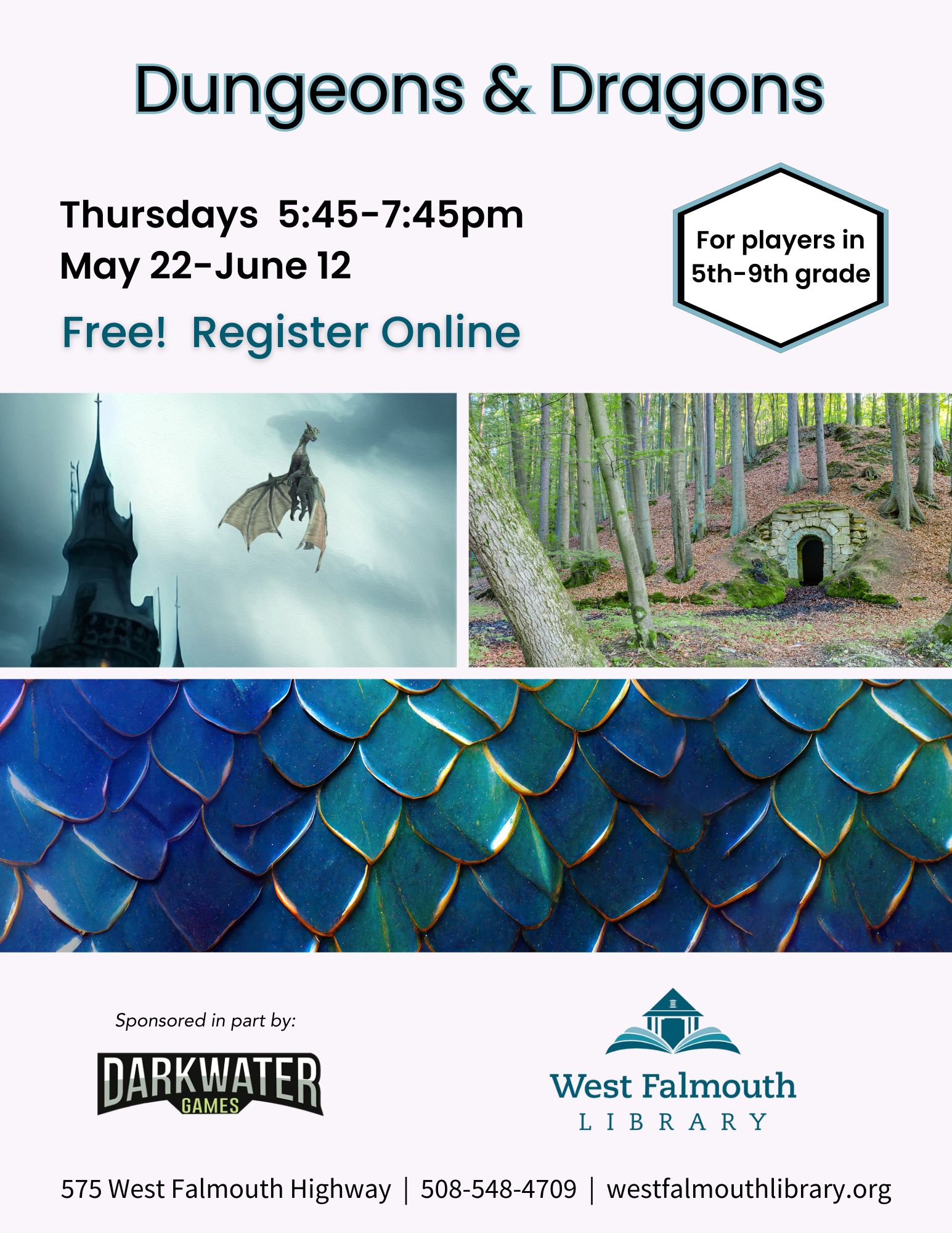 D&D Flyer for May/June 2025 campaign at West Falmouth Library