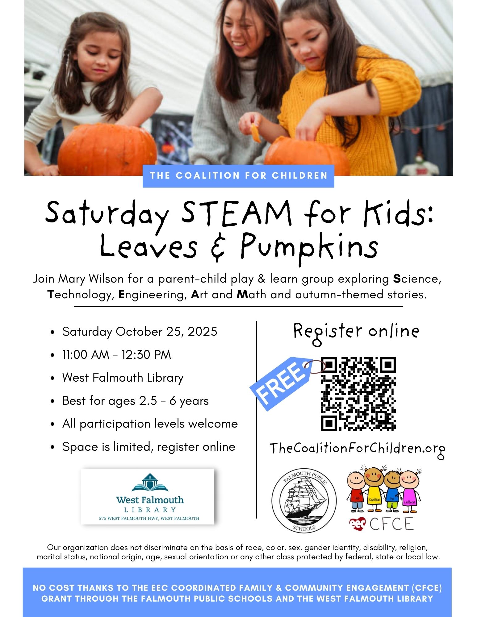 Fall 2025 STEAM LEAVES flier for west Falmouth Library and The Coalition for Children