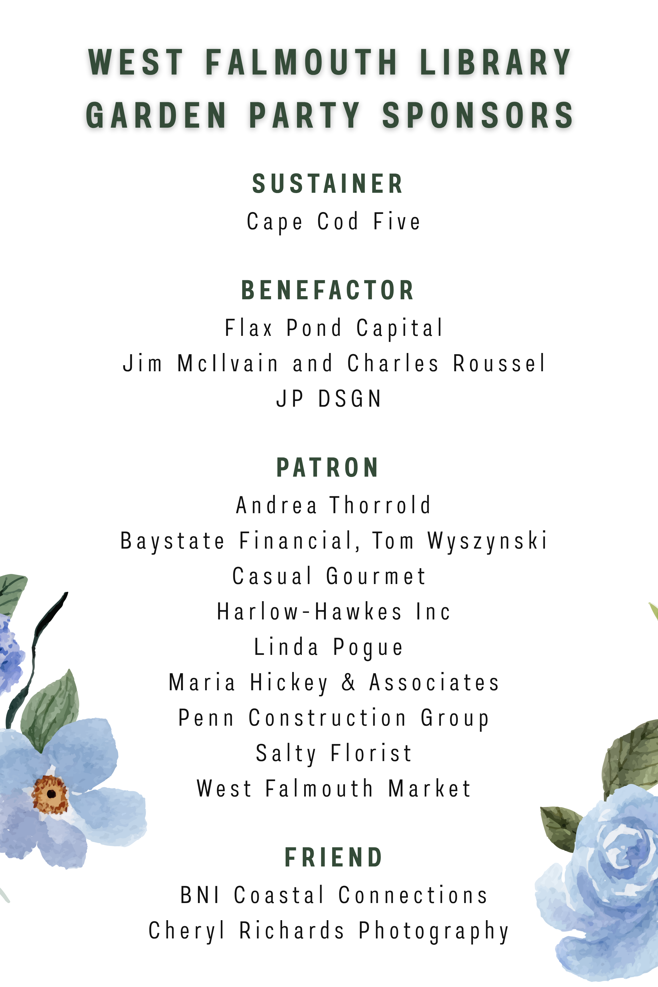 West Falmouth Library Garden Party 2025 Sponsor Poster