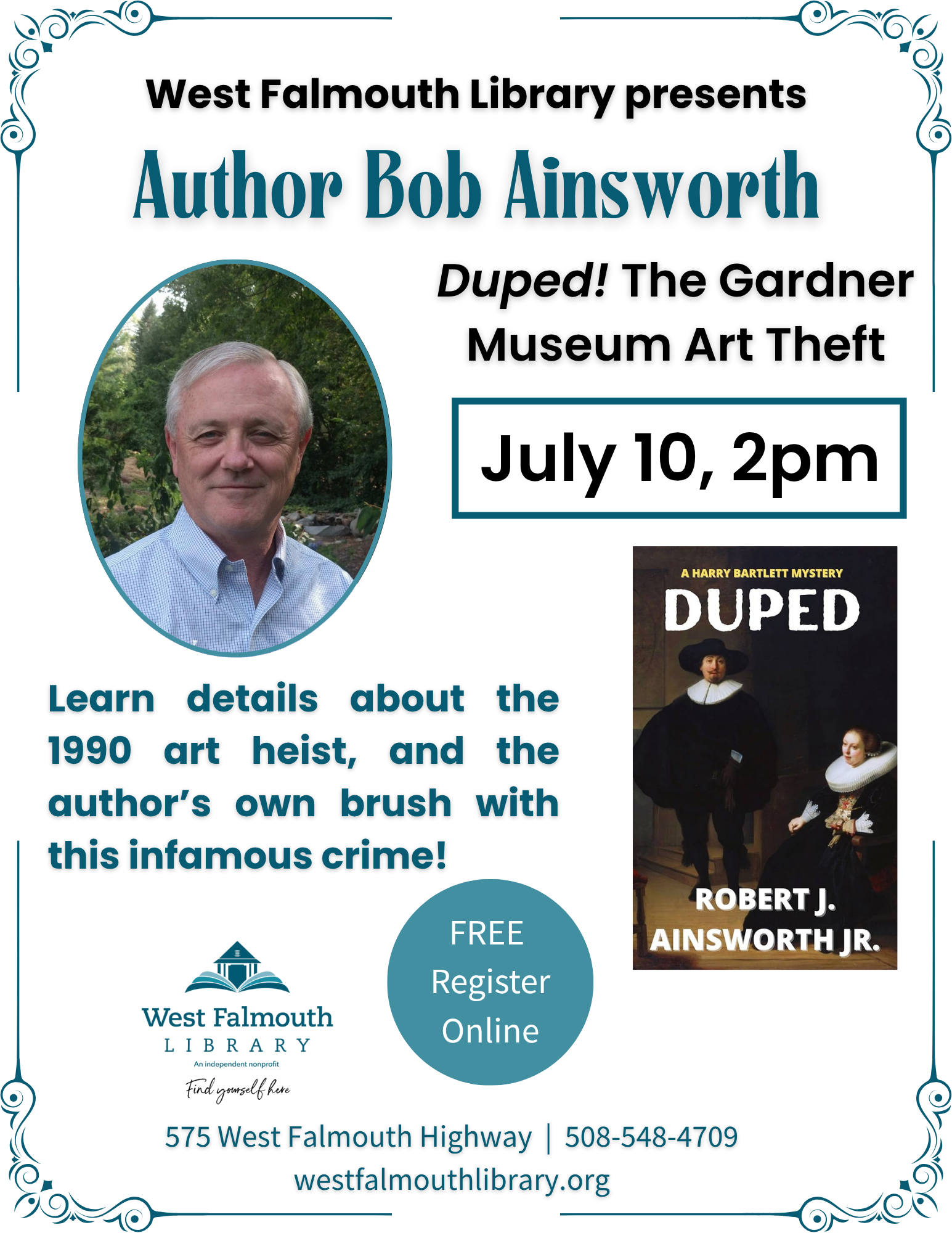 Summer 2025 flier for Bob Ainsworth author talk at West Falmouth Library