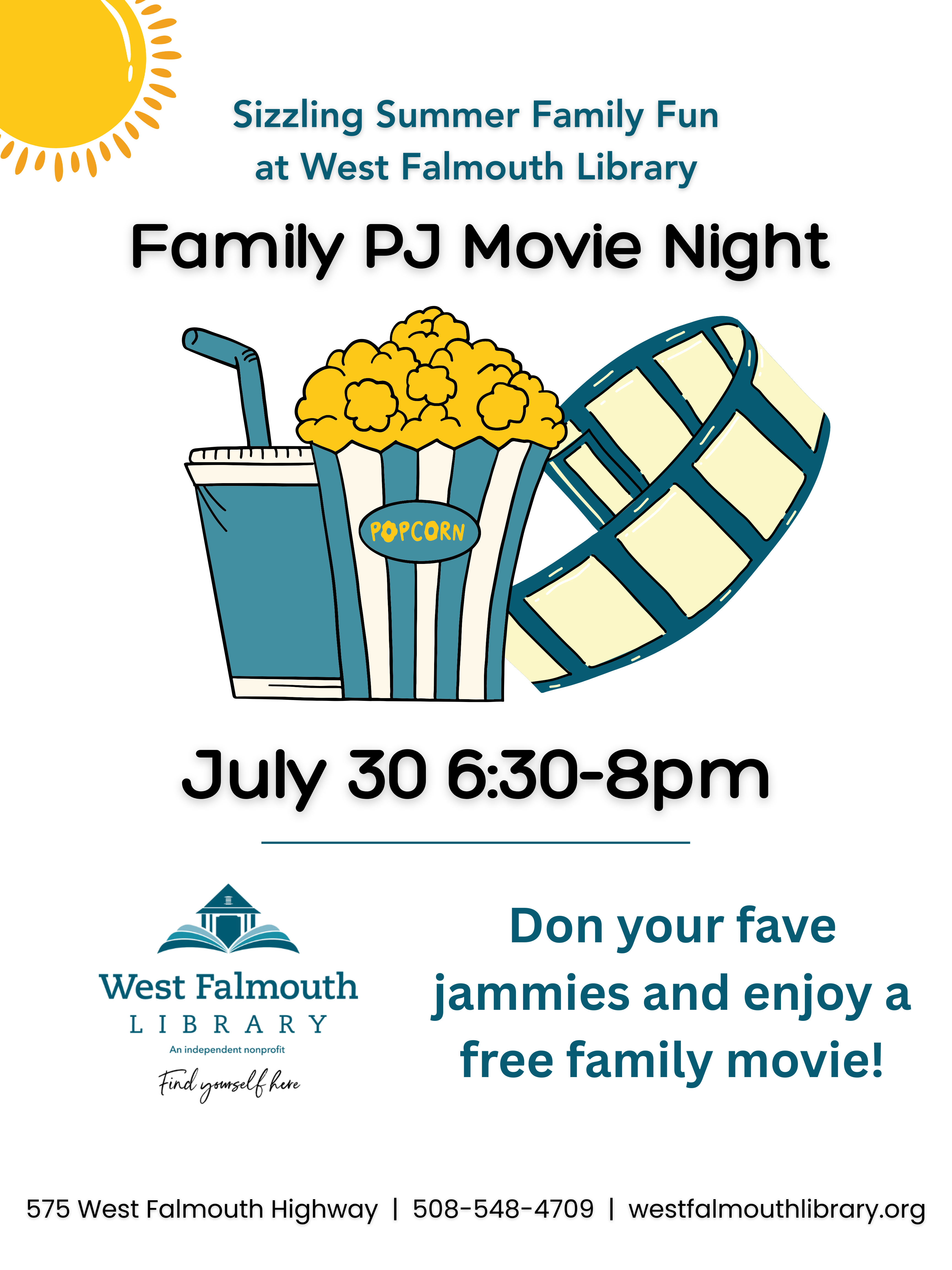 Summer 2025 Family PJ Movie Night Flier at West Falmouth Library
