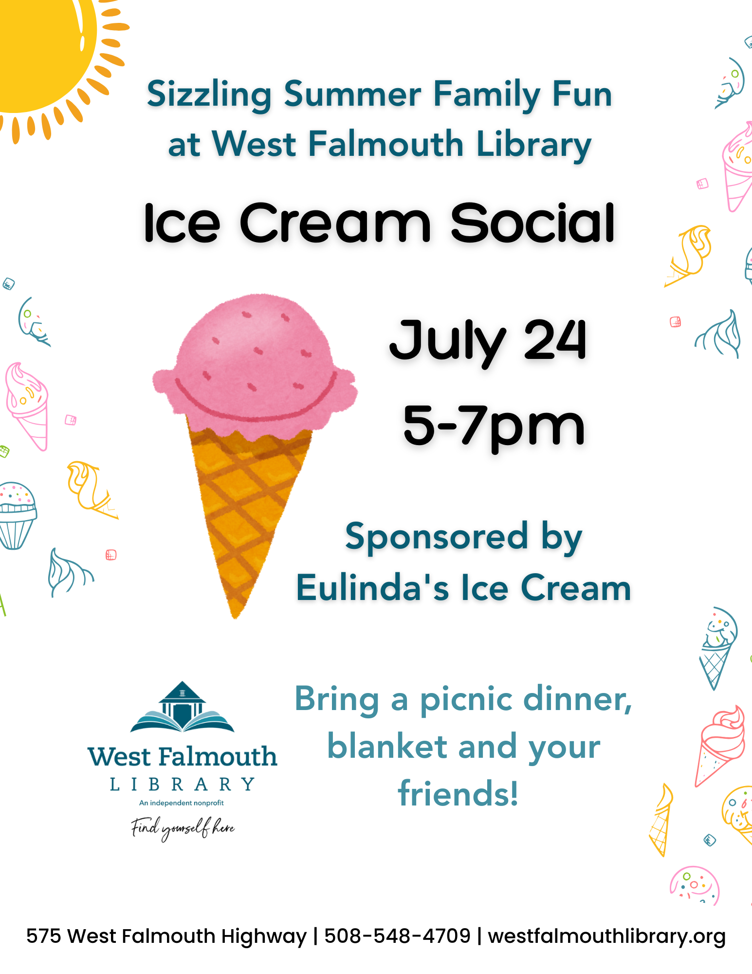 Summer 2025 Ice Cream Social Flier at West Falmouth Library