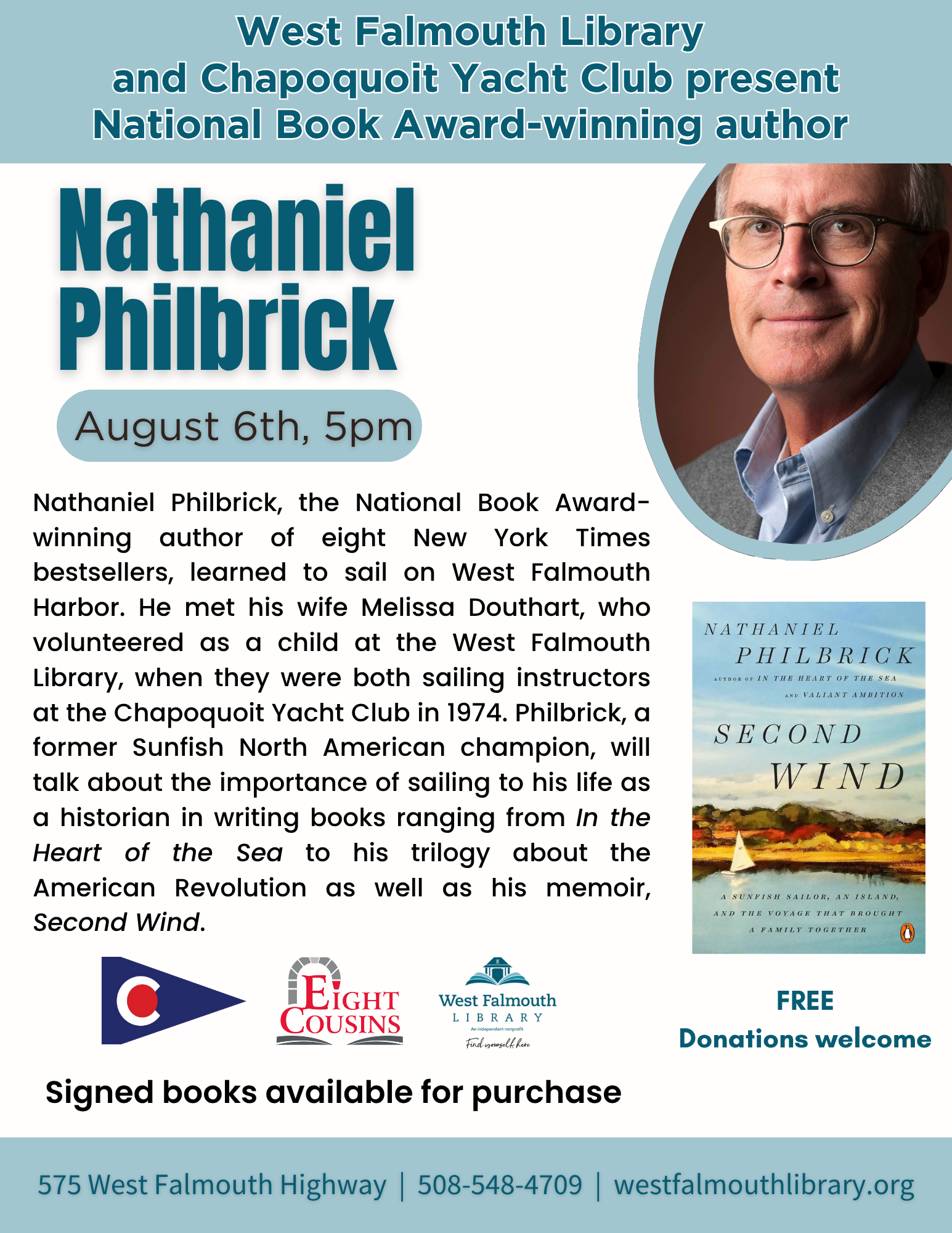 flyer for August 2025 Nathaniel Philbrick author talk at West Falmouth Library