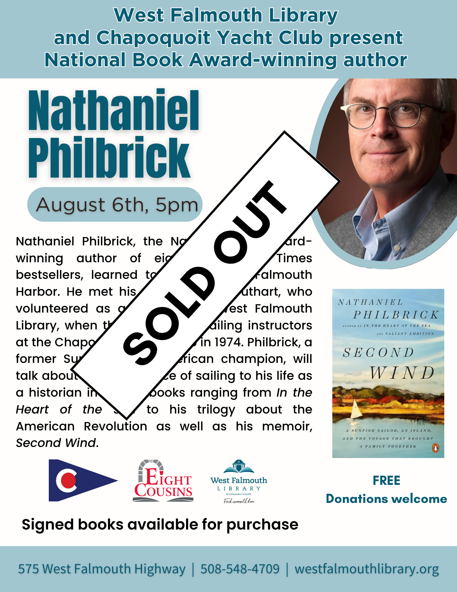 flyer for August 2025 Nathaniel Philbrick author talk at West Falmouth Library sold out