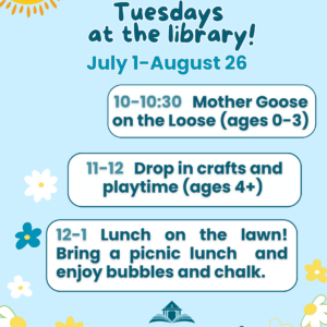 Summer 2025 Tuesdays at the Library flier for West Falmouth Library