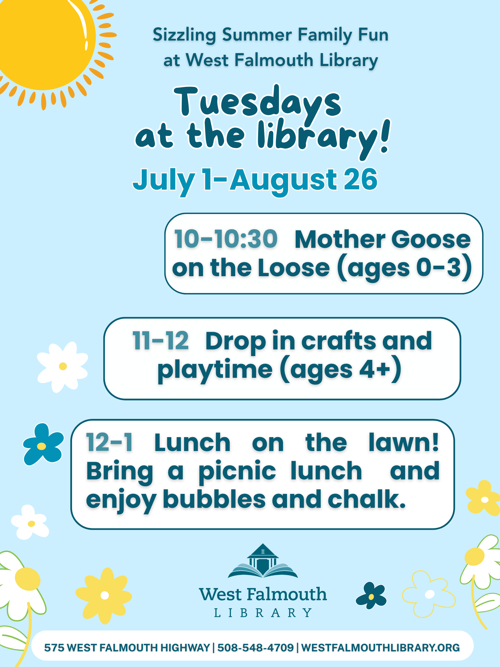 Summer 2025 Tuesdays at the Library flier for West Falmouth Library
