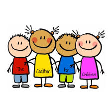Logo for the Coalition for Children, illustration of four multi-racial children standing together