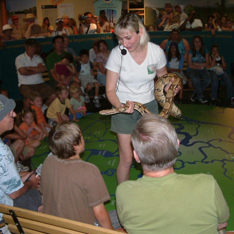 Joy Marzolf from The Joys of Nature educational programs holds a red-tailed boa to a live audience