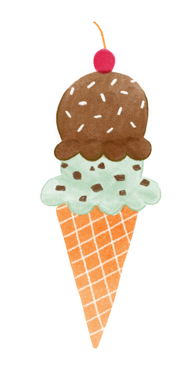 an illustration of two scoops of ice cream on a cone with cherry on top