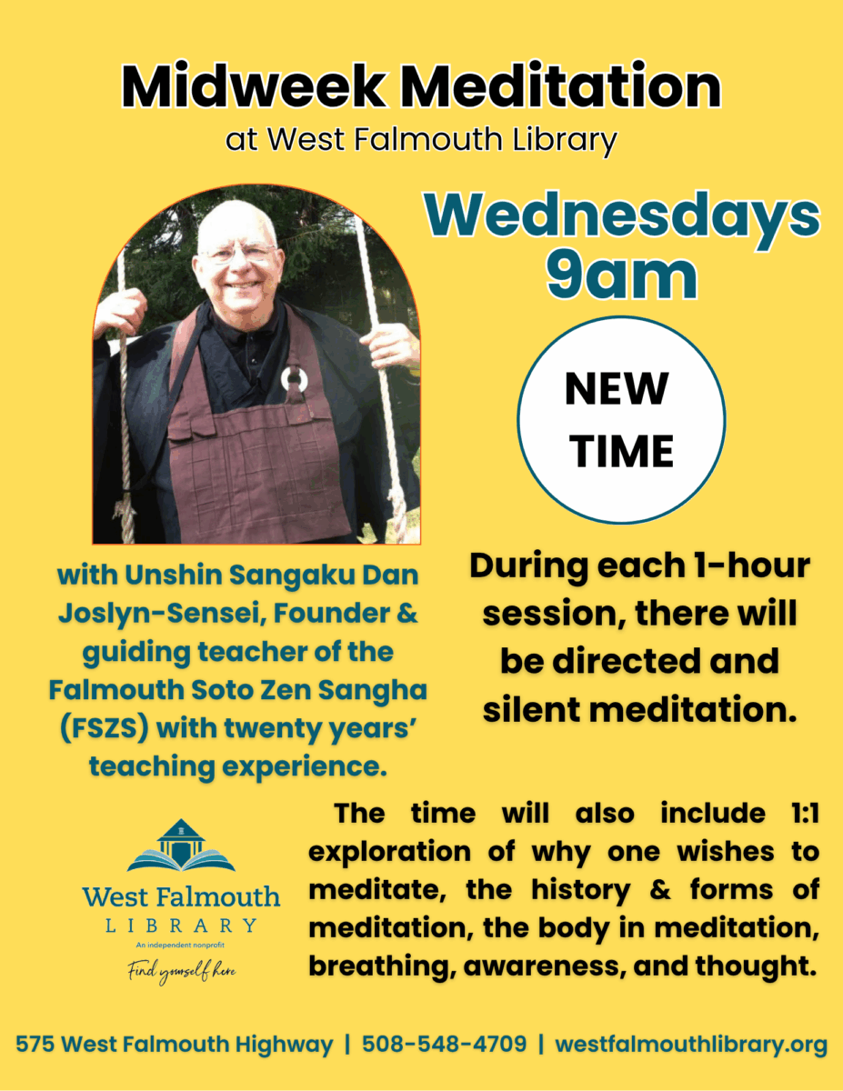 flier for midweek meditation at West Falmouth Library