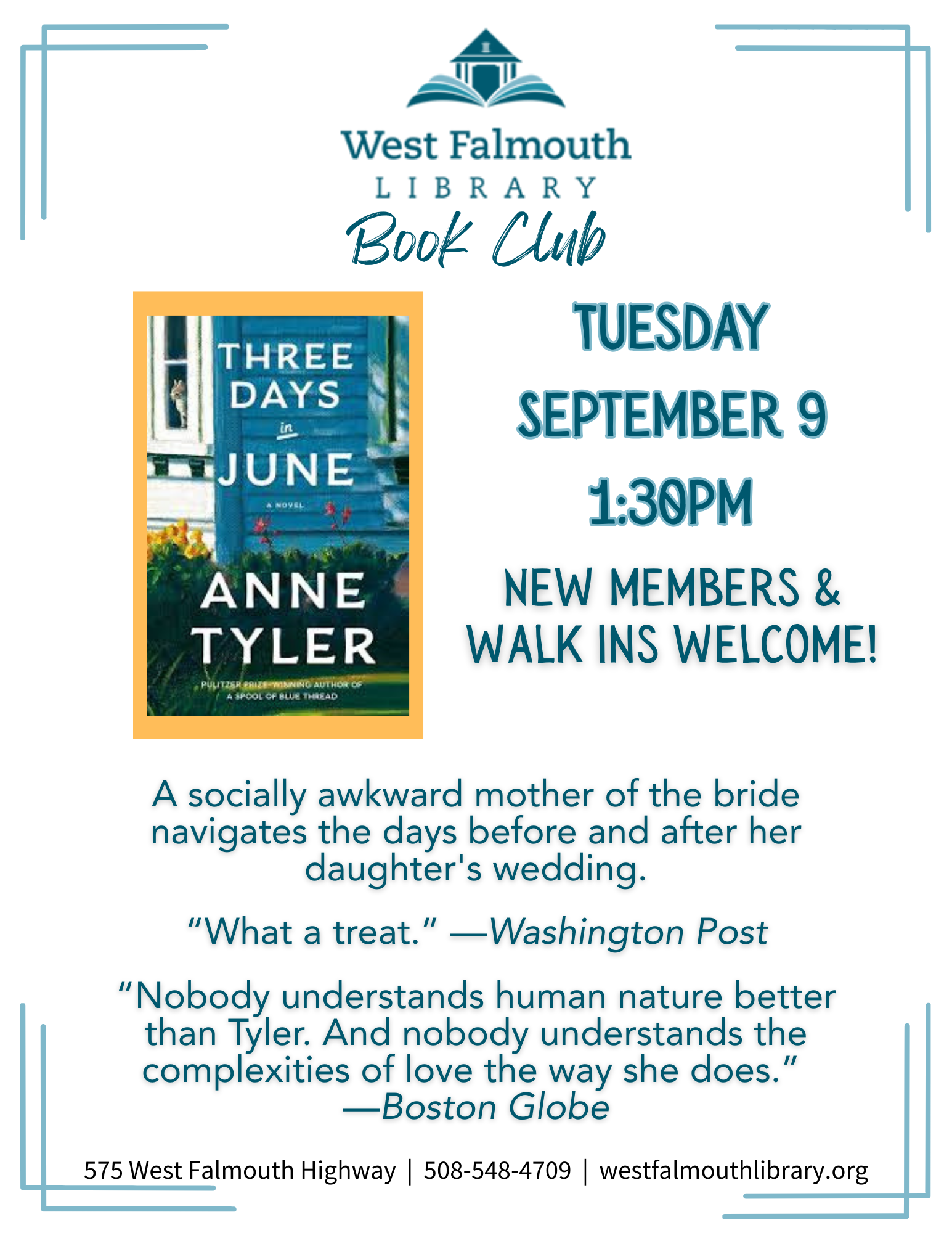 2025 WFL Fall Book Club flier for Three Days in June