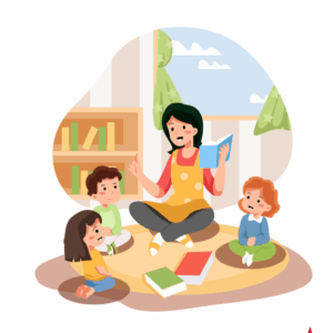 illustrated graphic of a librarian reading to three children all sitting on the floor