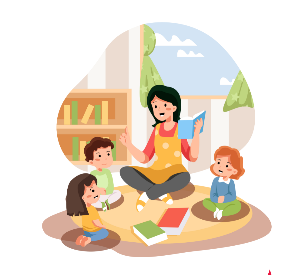 illustrated graphic of a librarian reading to three children all sitting on the floor