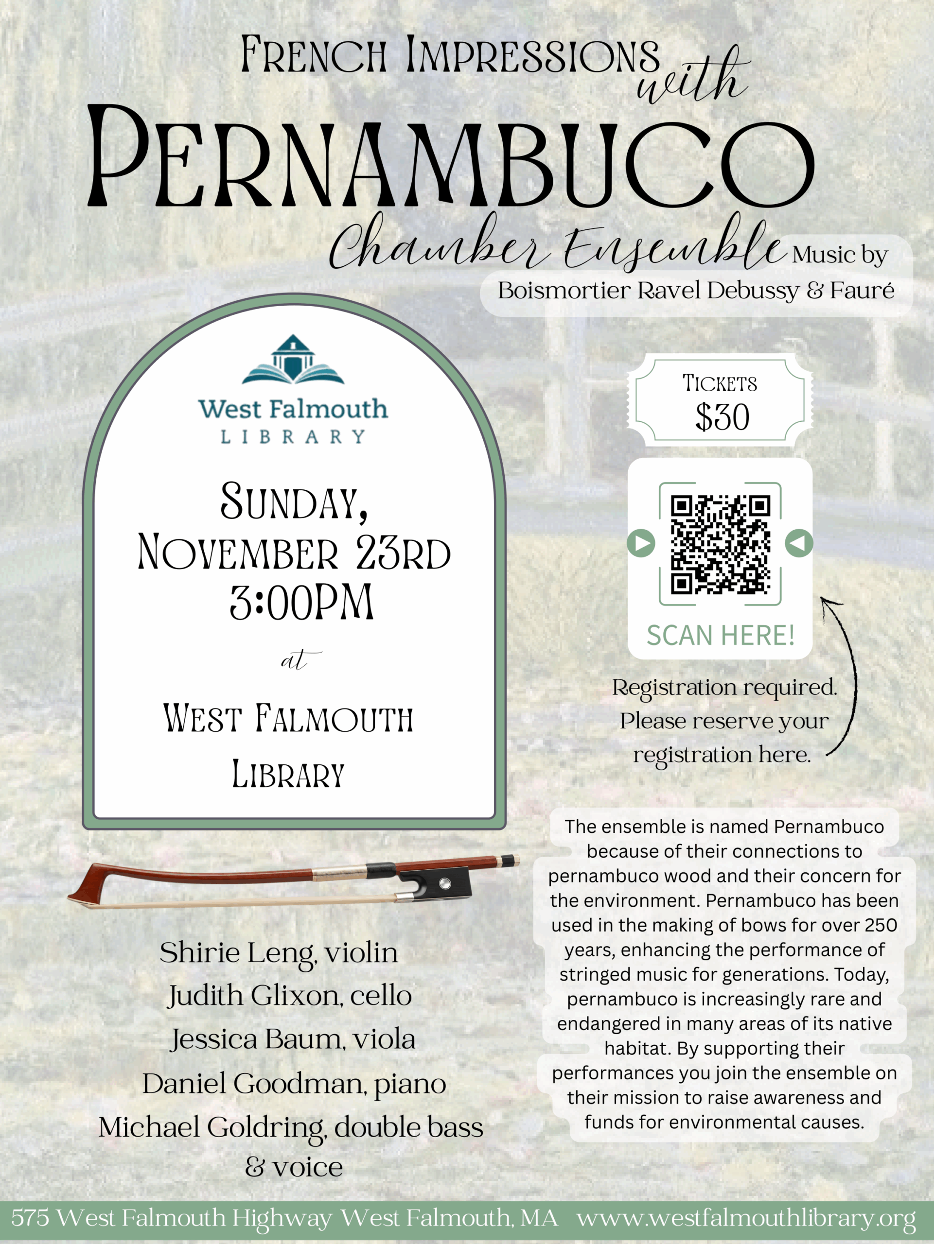 flyer for 11/23/25 Pernambuco Chamber ensemble concert at West Falmouth Library