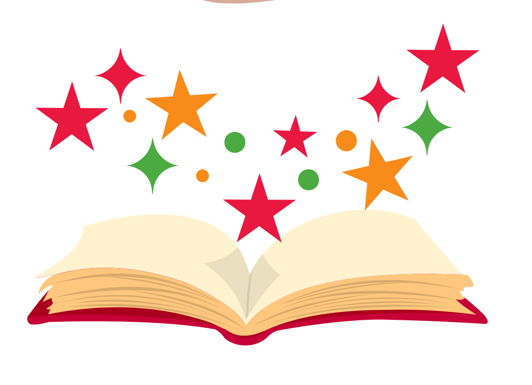 an illustration of an open book with stars coming out of it