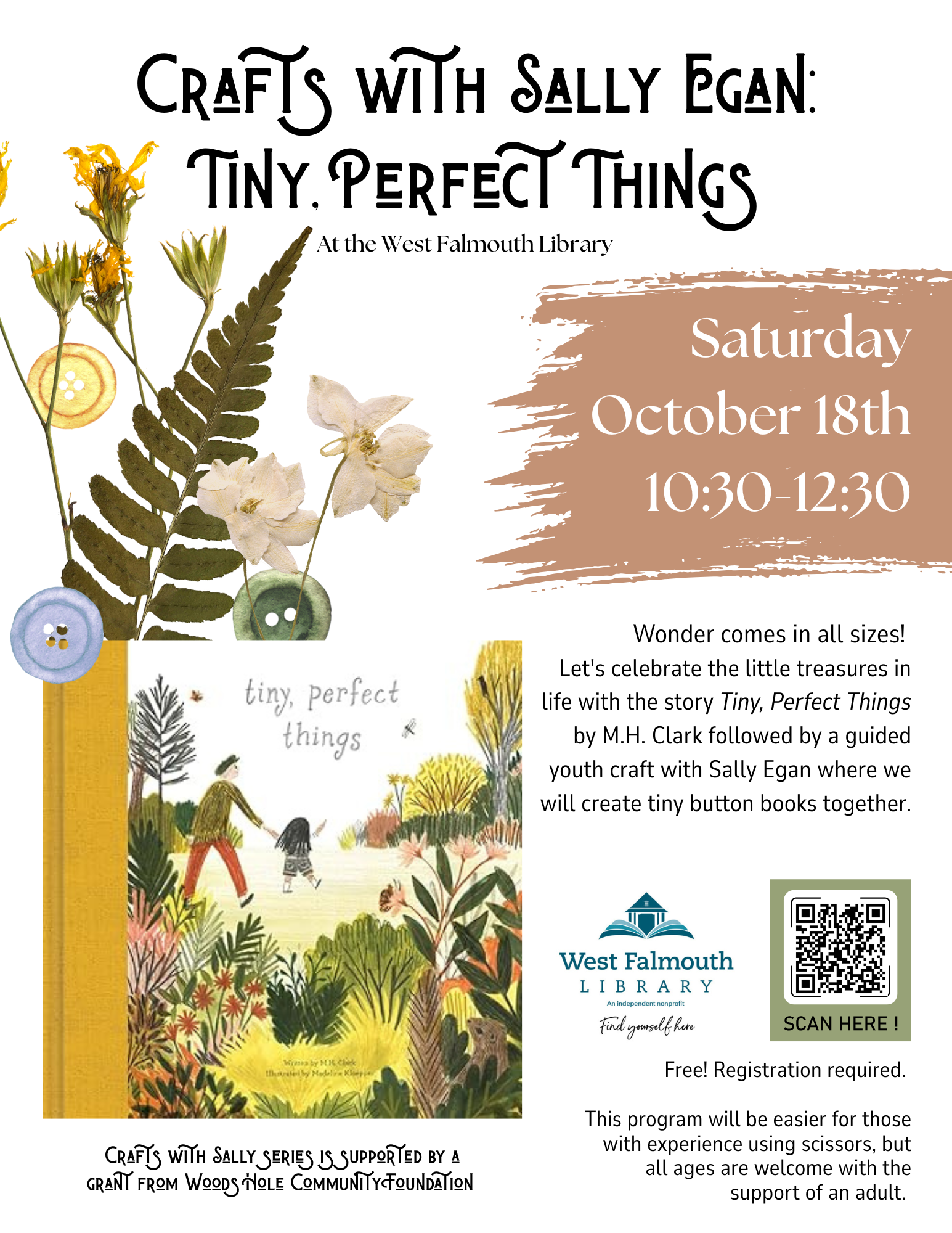 Crafts with Sally Egan Flyer for 10/18/25 event at West Falmouth Library