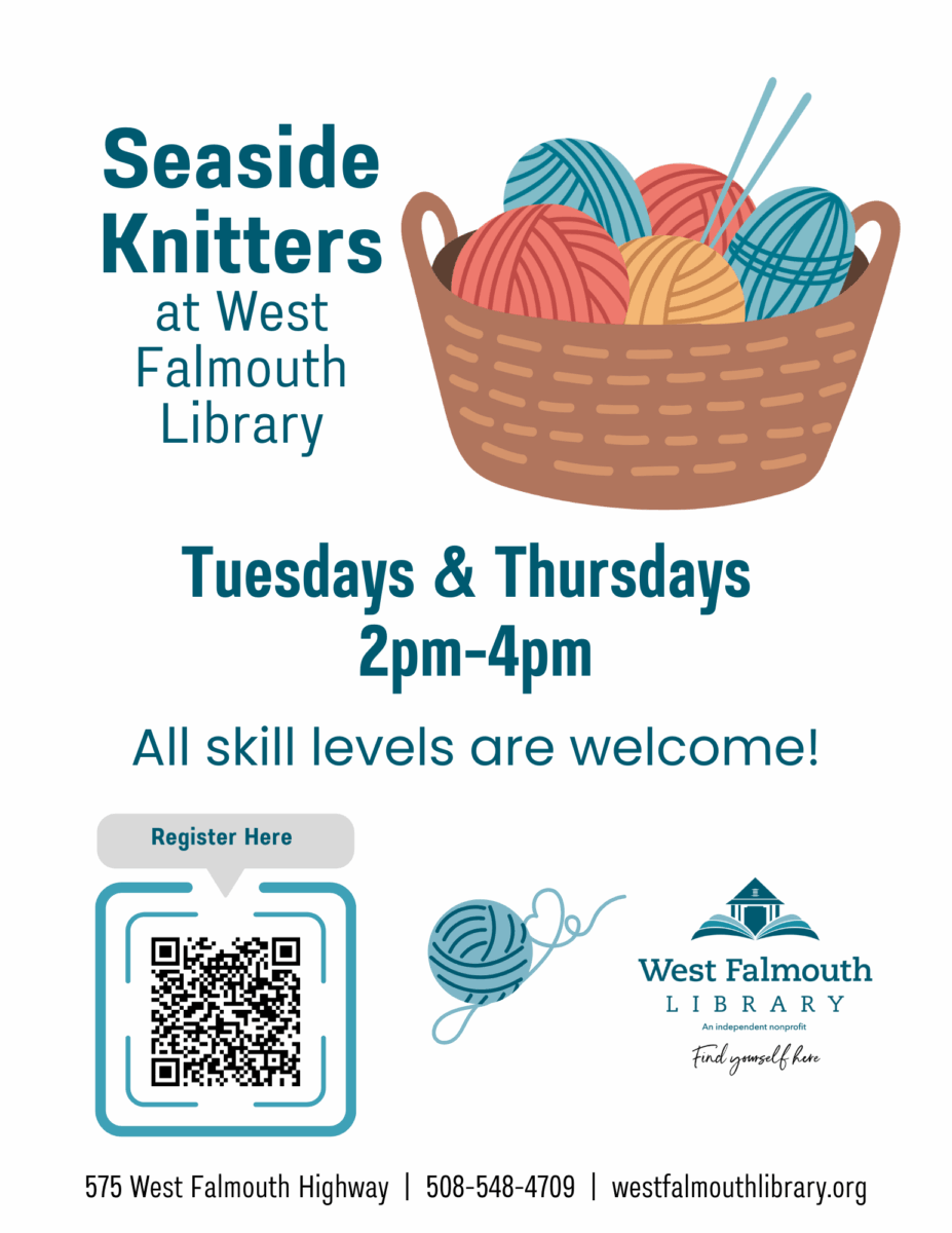 Fall 2025 Seaside Knitters Flyer for West Falmouth Library