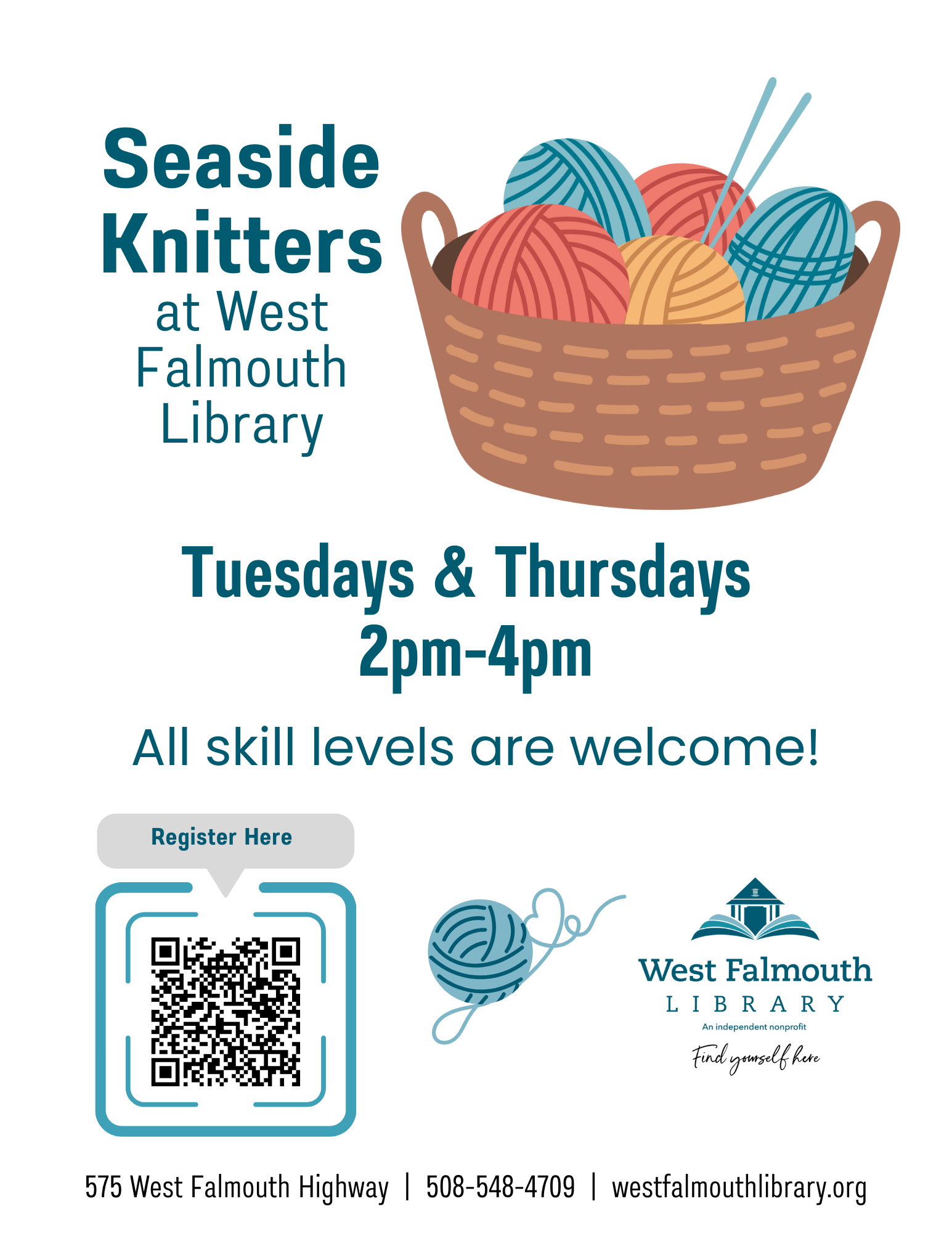 Fall 2025 Seaside Knitters Flyer for West Falmouth Library