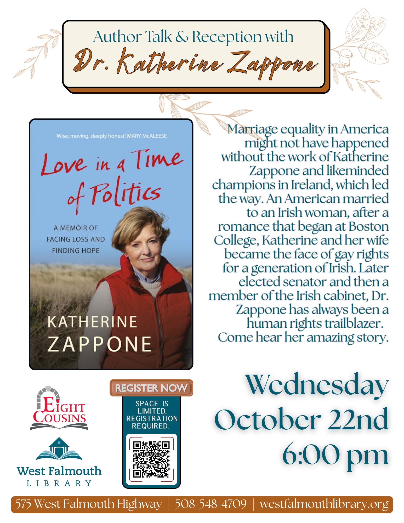 Fall 2025 Zappone Author Talk Flyer for West Falmouth Library
