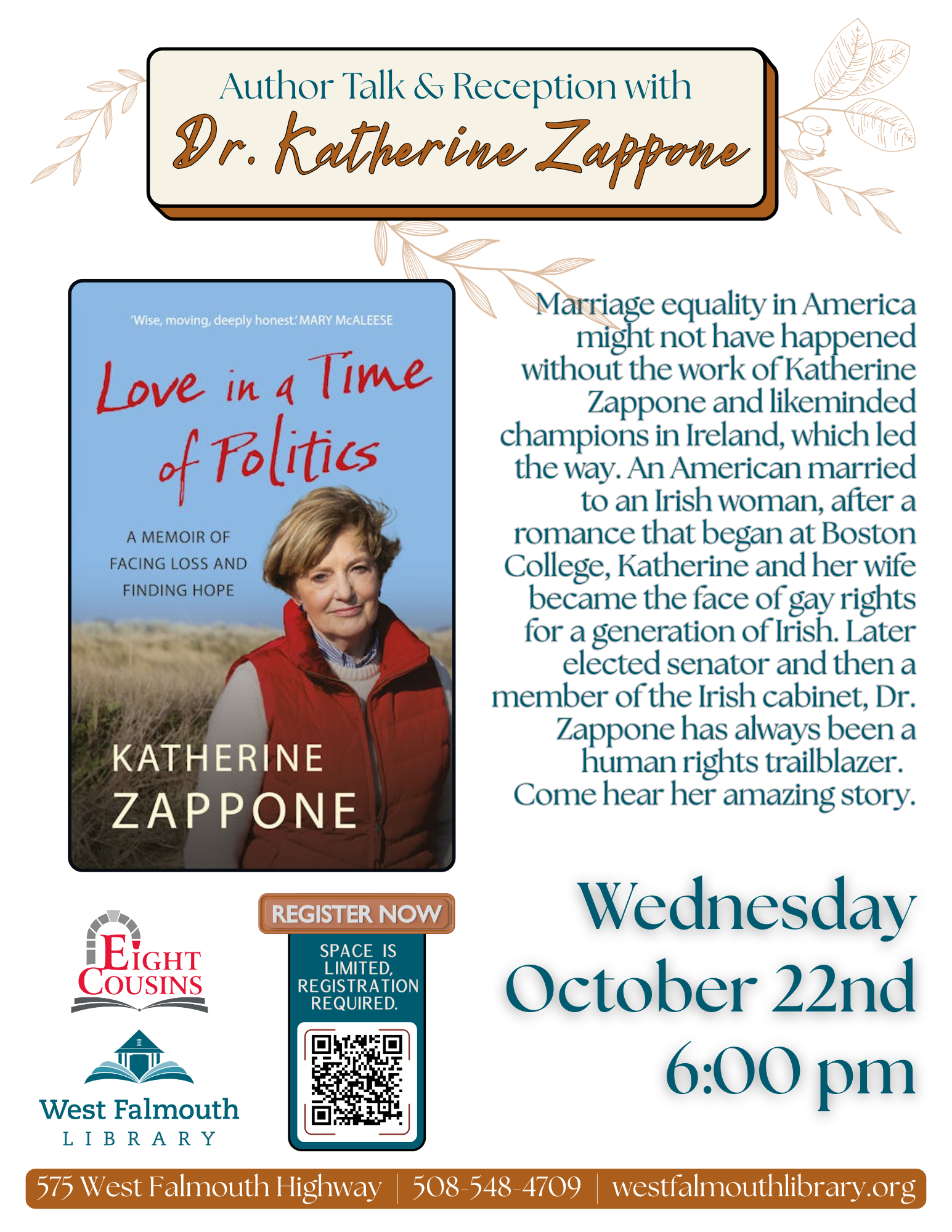 Fall 2025 Zappone Author Talk Flyer for West Falmouth Library