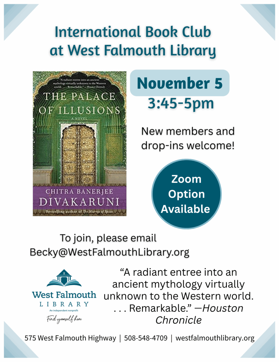 flier for West Falmouth Library December 2025 International Book Group selection