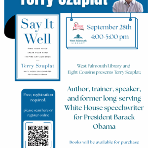 flier for author talk at West Falmouth library on 9/28/25 Terry Szuplat