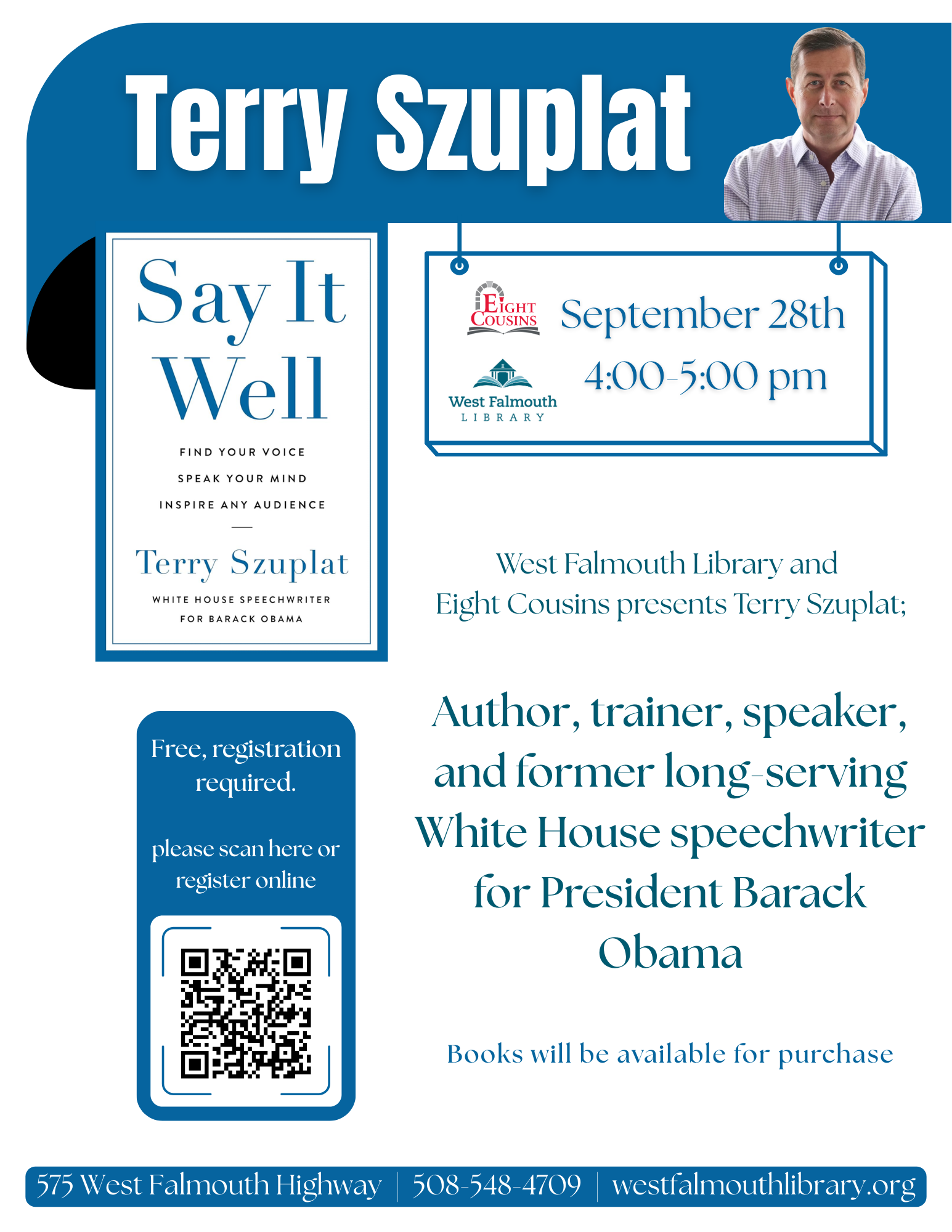 flier for author talk at West Falmouth library on 9/28/25 Terry Szuplat