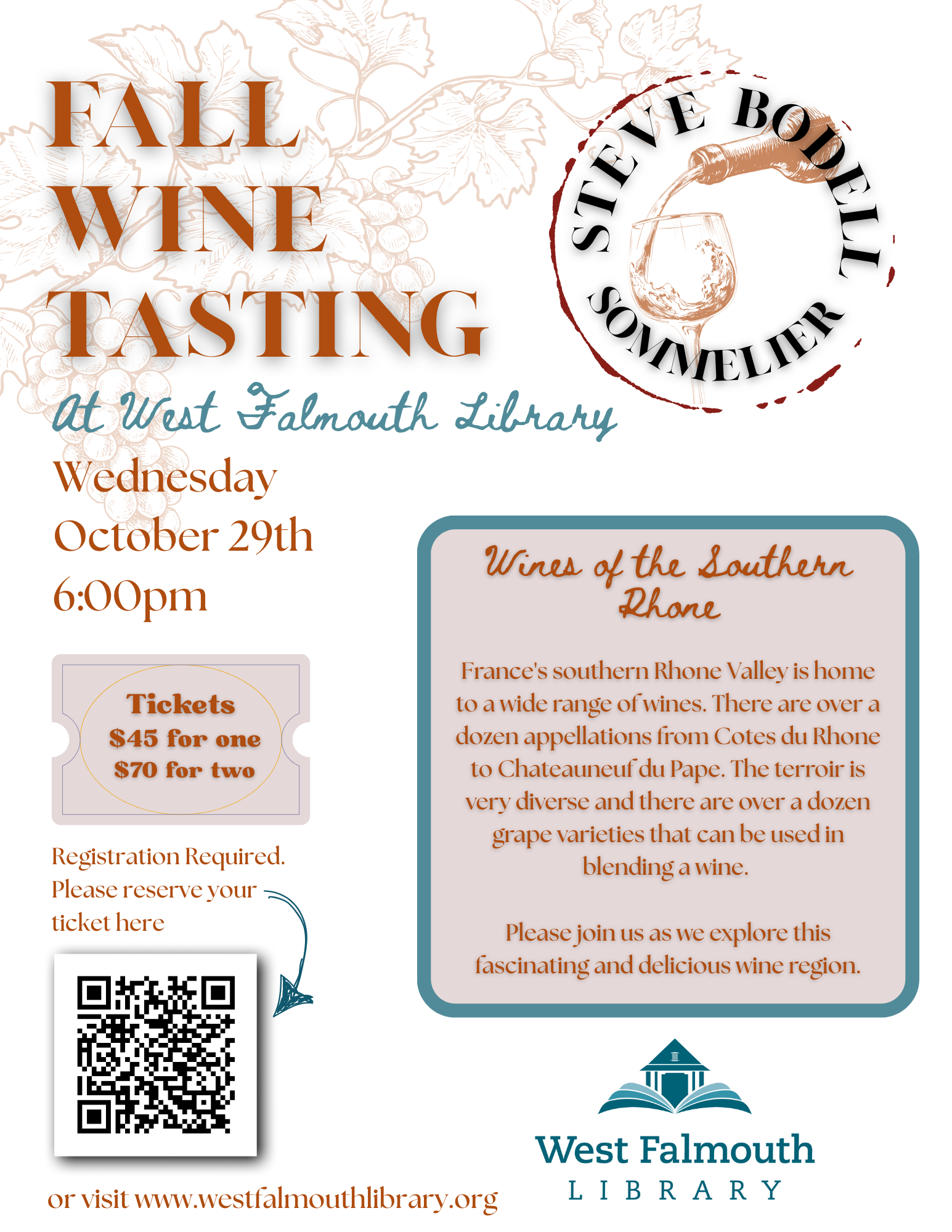 flyer for 10/29/25 wine tasting at West Falmouth Library