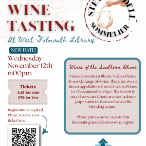 flyer for 11/12/25 wine tasting at West Falmouth Library