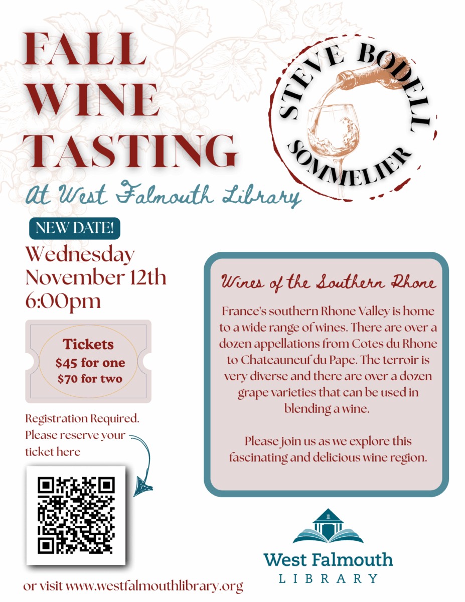 flyer for 11/12/25 wine tasting at West Falmouth Library