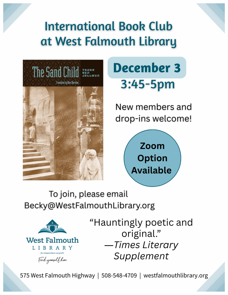 flier for December 2025 West Falmouth Library International Book Group meeting