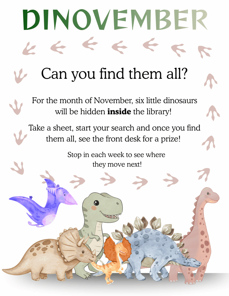 Flyer for Dinovember scavenger hunt at West Falmouth Library