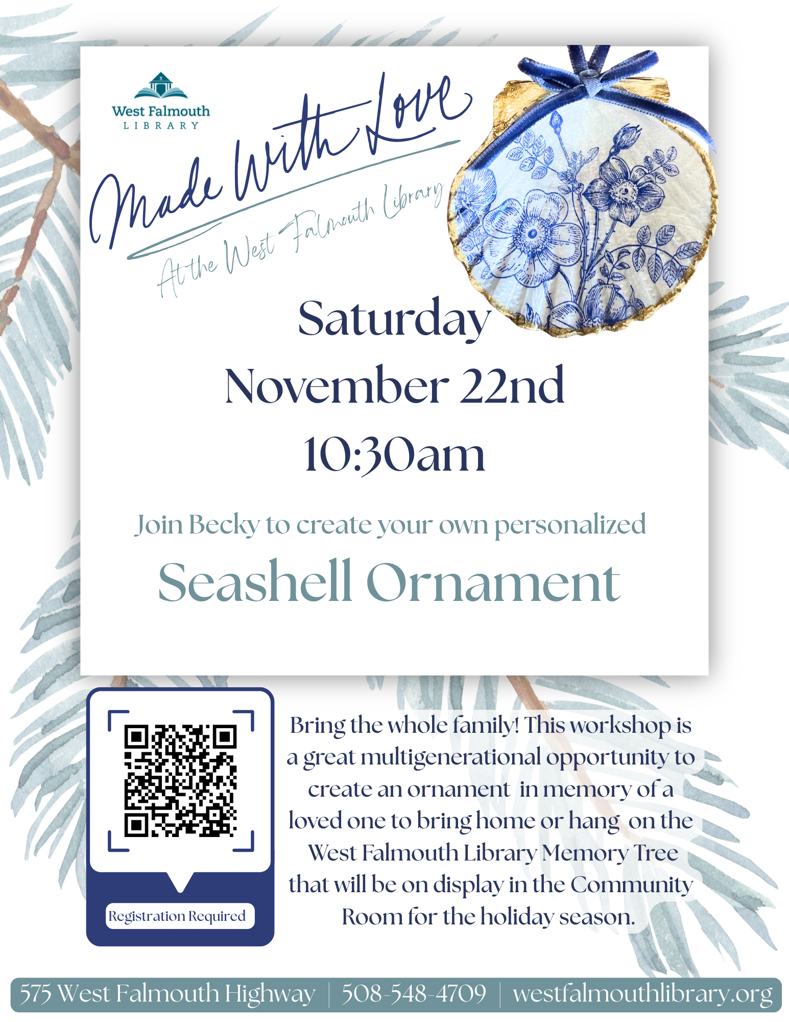 Fall 2025 Sea Shell Ornament Flyer for West Falmouth Library