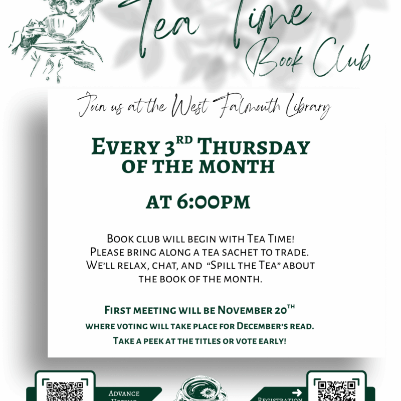 Fall 2025 Tea Time Bookclub Flyer for West Falmouth Library