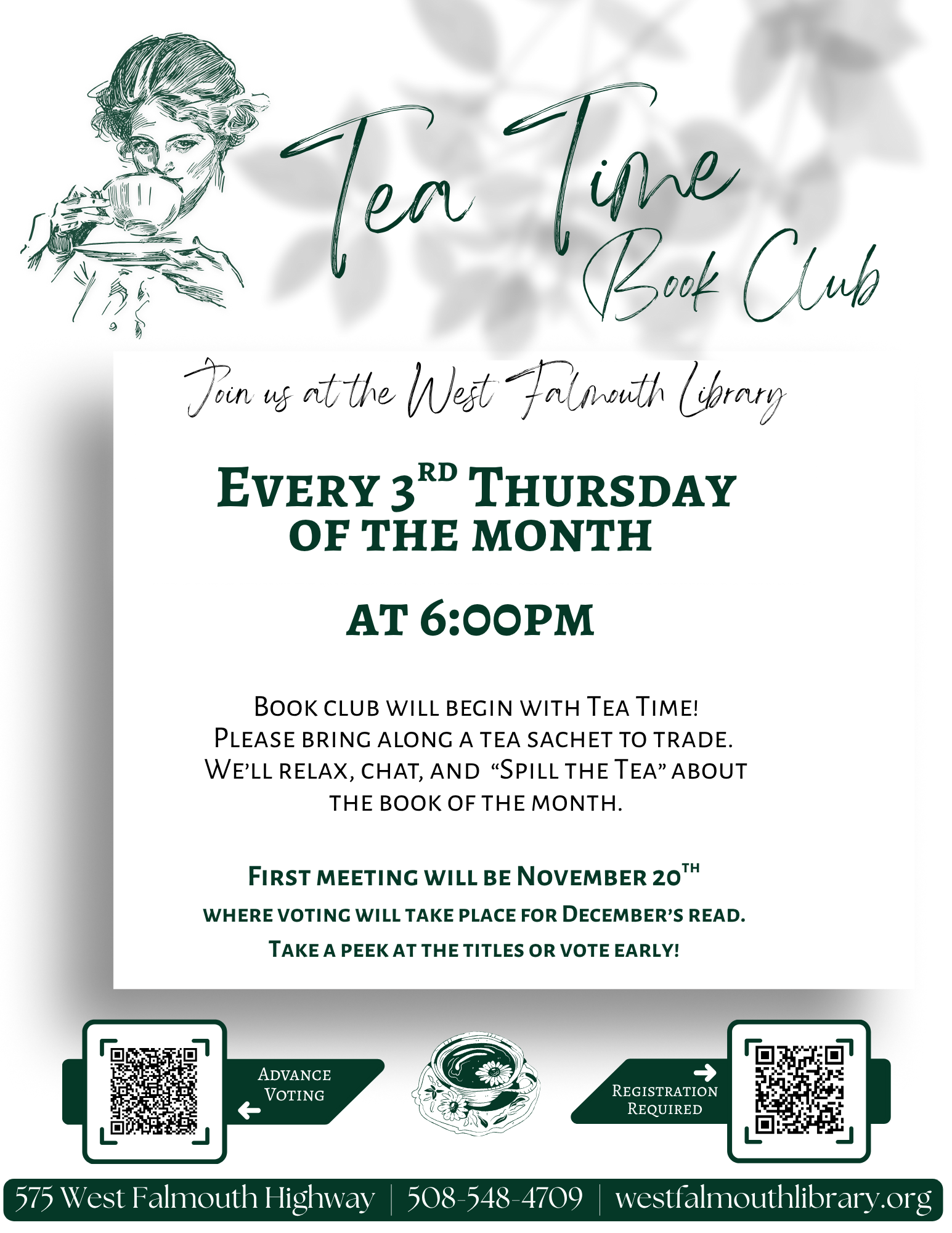 Fall 2025 Tea Time Bookclub Flyer for West Falmouth Library