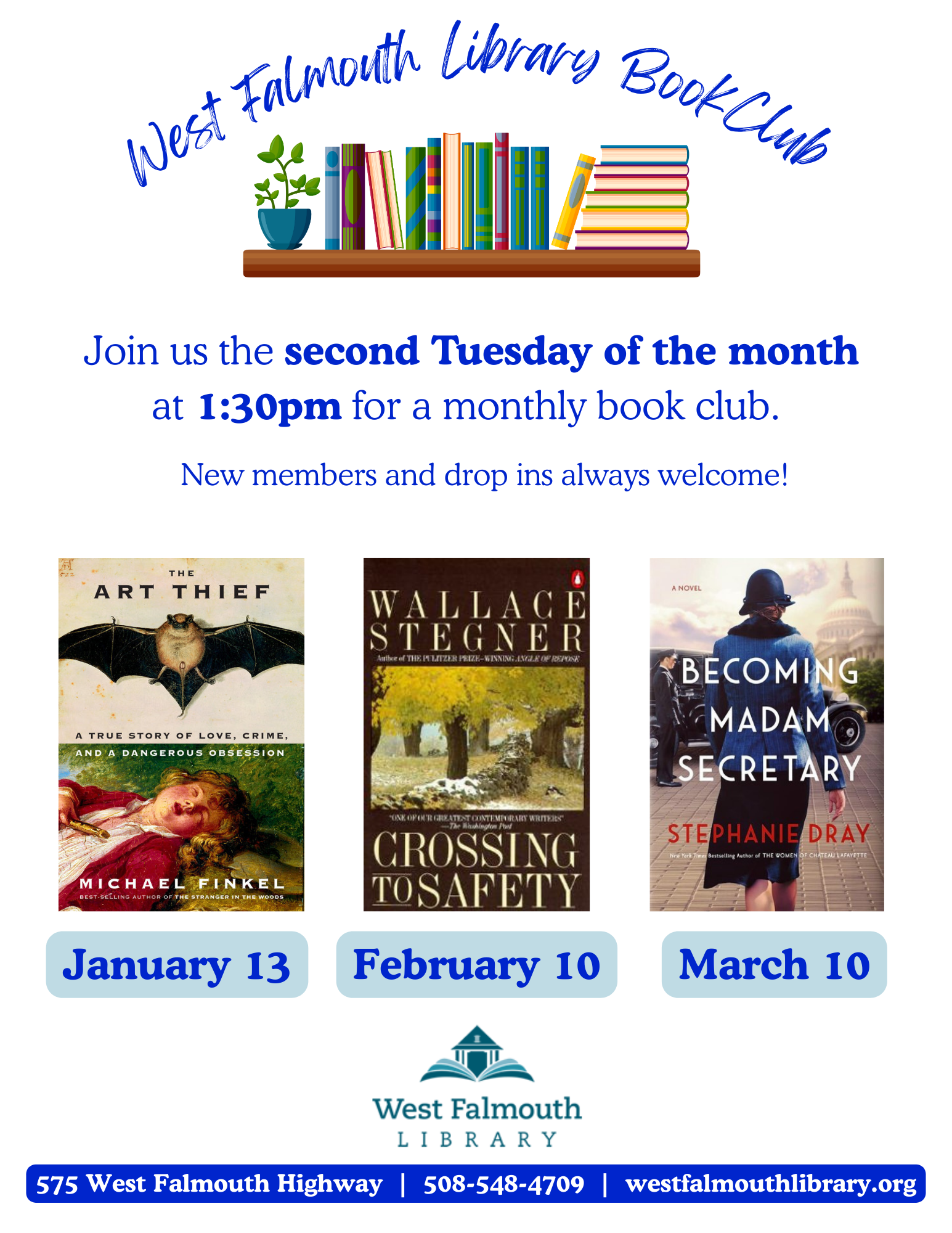 Winter and Spring 2026 WFL Book Club Schedule for West Falmouth Library