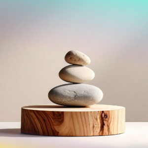 zen three rocks balanced on a round piece of wood