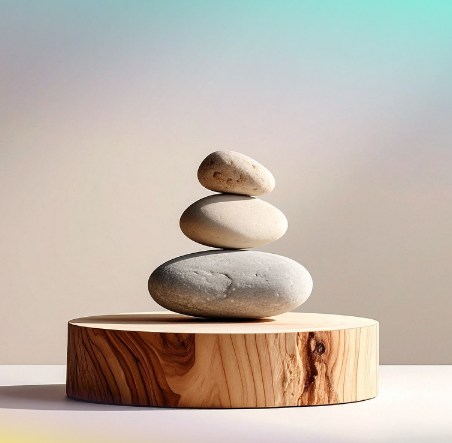 zen three rocks balanced on a round piece of wood