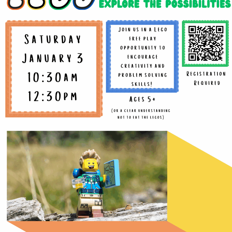 Flyer for 1/3/26 Lego free play at West Falmouth Library