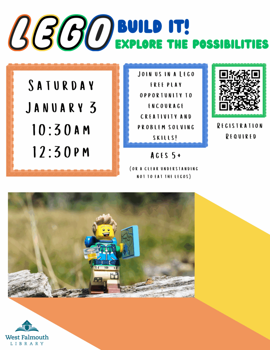Flyer for 1/3/26 Lego free play at West Falmouth Library