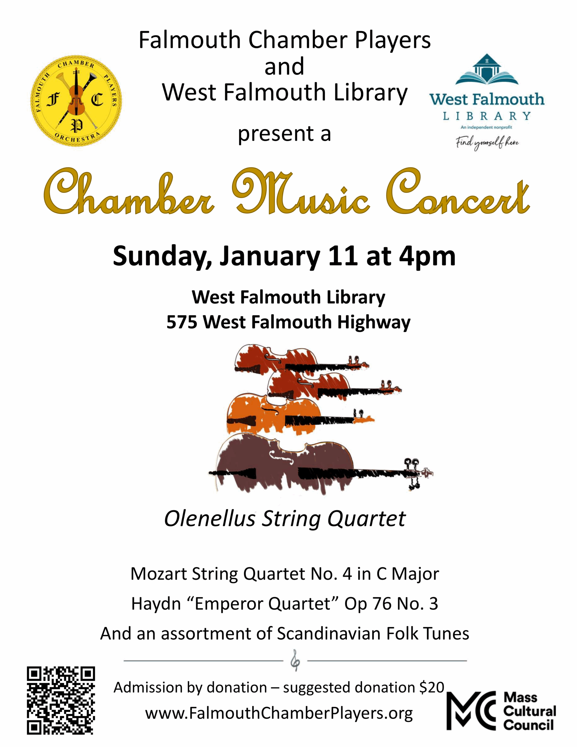 FCPO Chamber Music Concert 11 Jan 2026 flyer for West Falmouth Library