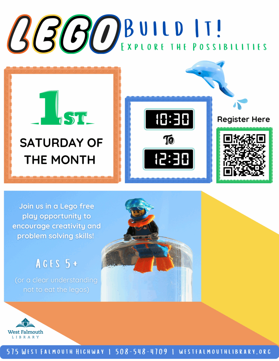 Flyer for Monthly Lego Club at West Falmouth Library