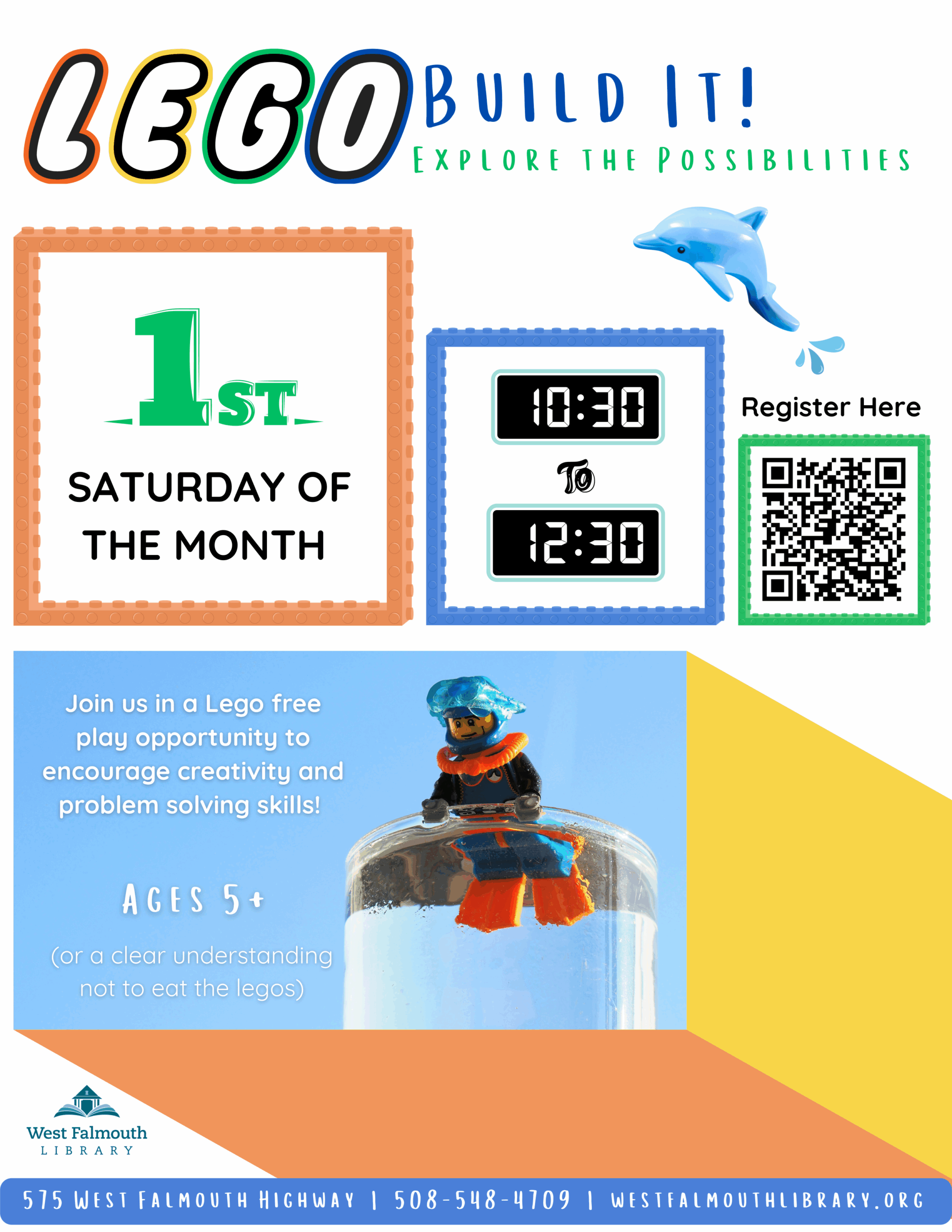 Flyer for Monthly Lego Club at West Falmouth Library